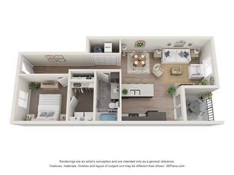 Floor plan for 1 bed, 1 bath, 745 sqft